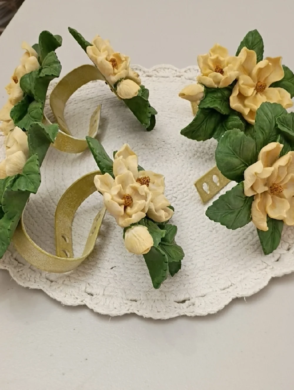 Vintage Magnolia Cream Floral Wall Hooks with Green Leaves Cottage Core